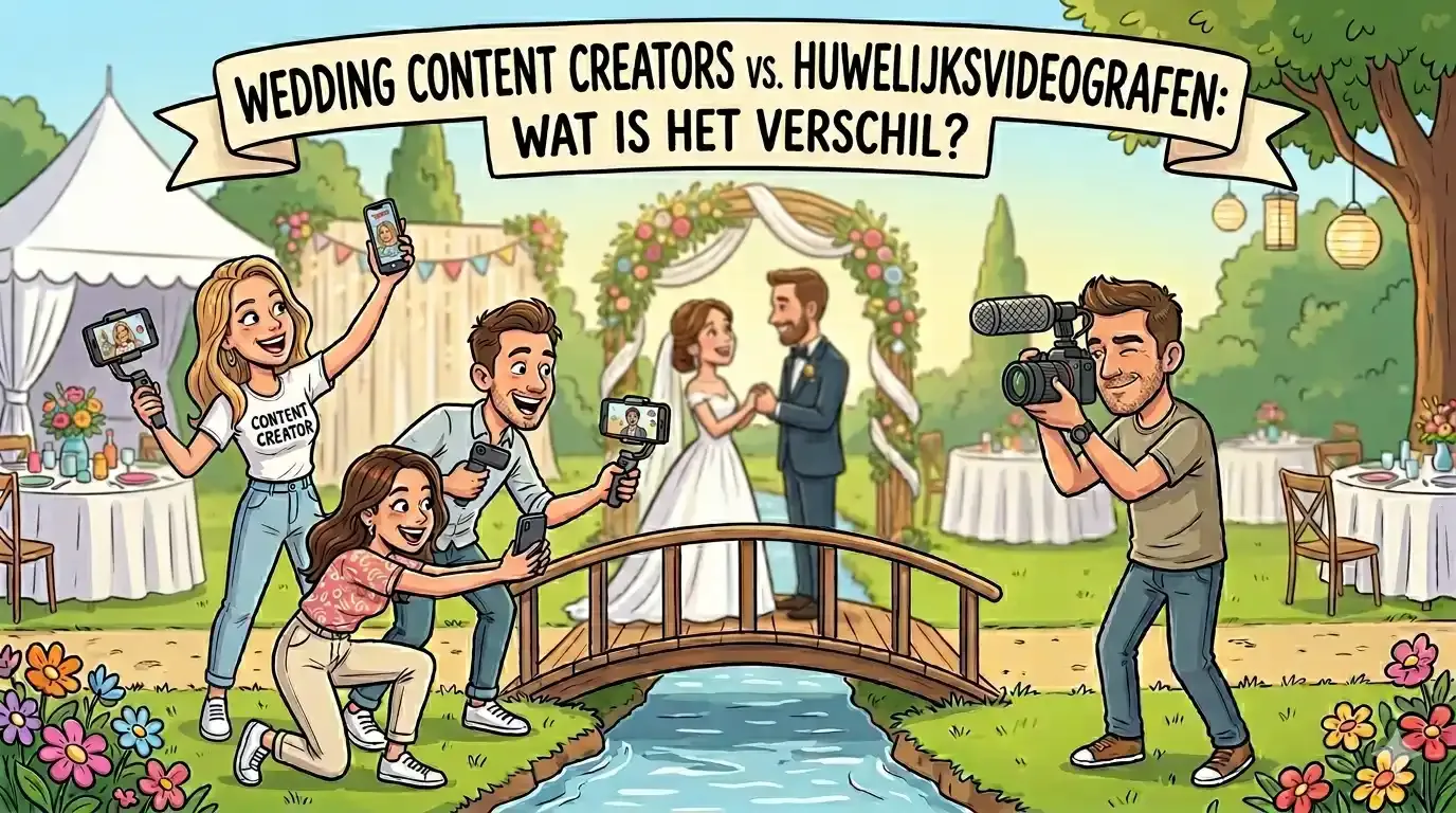Wedding content creator en huwelijksvideograaf aan het werk tijdens een trouwdag